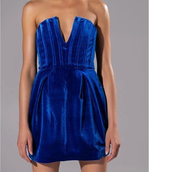 Blue Velvet Strapless Boned Corset Mini Dress with Pleated Skirt - Picture 4 of 9